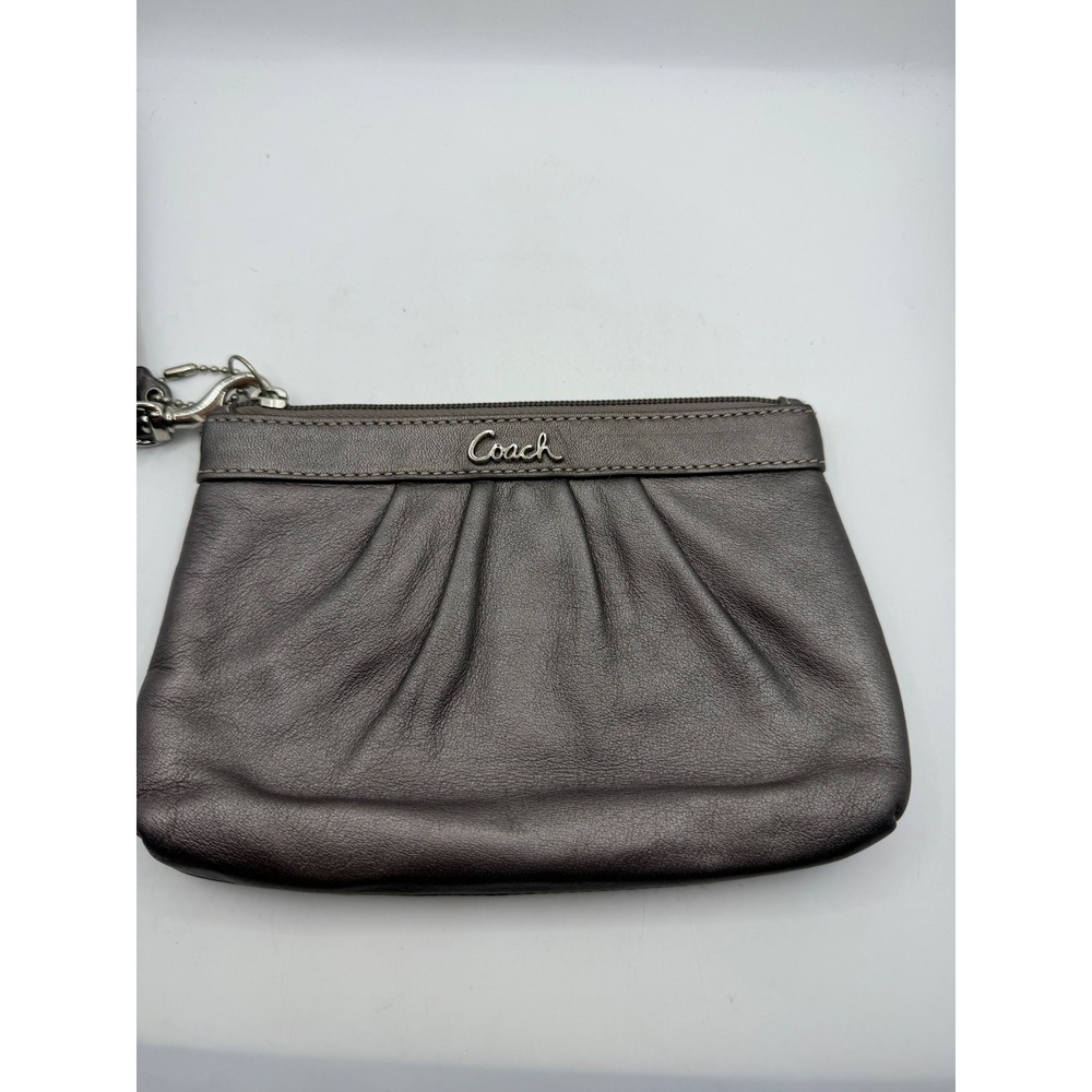 Coach Metallic Pewter Leather Pleated Wristlet Small Clutch Bag Silver Logo